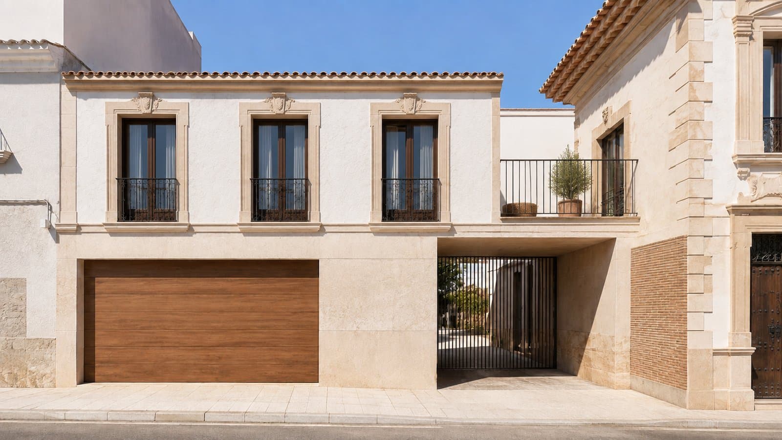 Render de la fachada con garaje rehabilitada