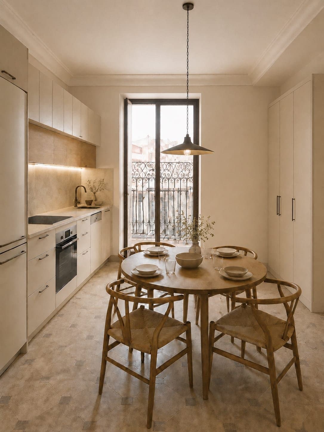 Render del salón-cocina de la vivienda rehabilitada
